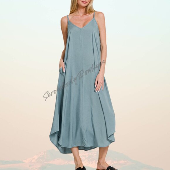 Effortless Everyday Casual Classic Cami Strap Flowy Tea Length Dress in Blue - Picture 1 of 8